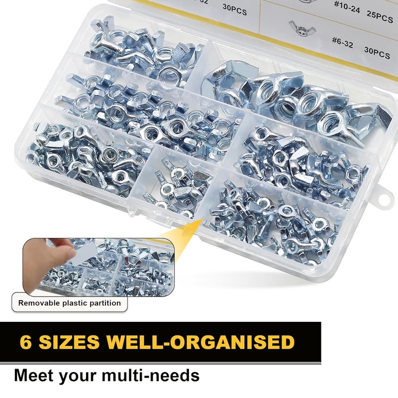 Siptenk SAE Wing Nuts 125PCS, #6-32#8-32#10-24 1/4"-20 3/8"-16 5/16"-18 Wingnuts 6 Assorted Sizes Carbon Steel Zinc Plated Butterfly Wing Nut Fasteners Hardware Assortment Kit - Image 5
